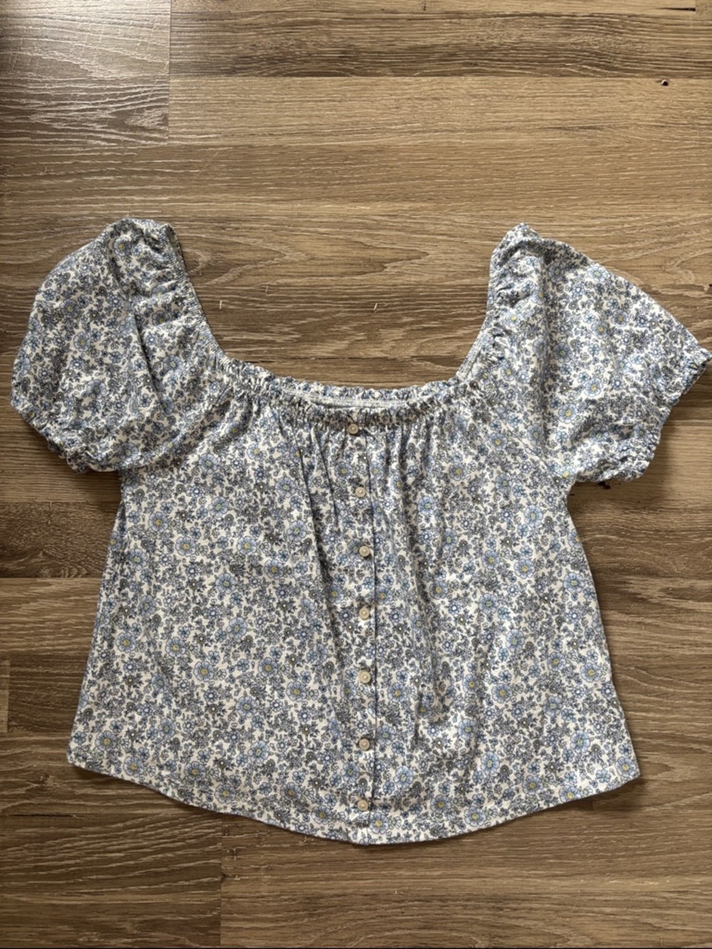 American Eagle Floral Button-Front Puff Sleeve Top - Blue/Cream